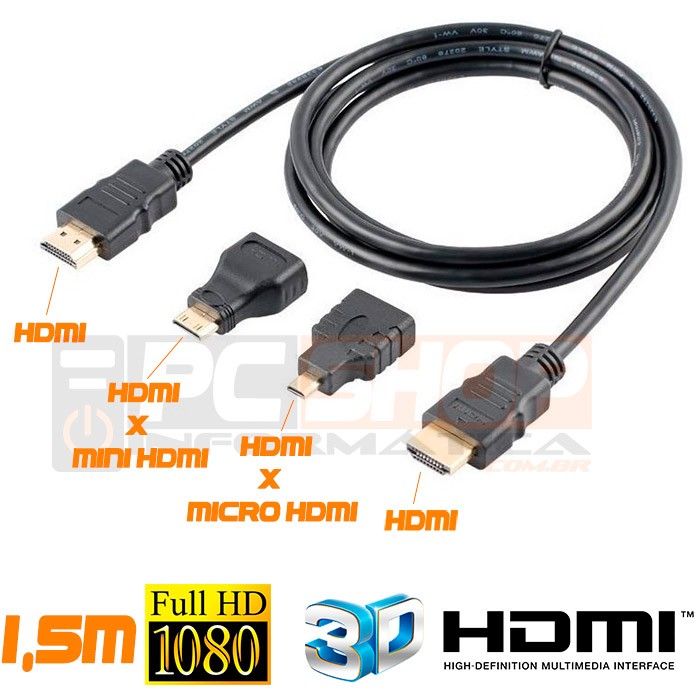 PCSHOP Informática Cabo HDMI 1.4 1080p 3 em 1 com Adaptador Micro e Mini HDMI 1,5m 