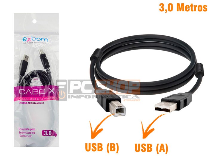 PCSHOP Informática Cabo USB para Impressora 3,0m 2.0 AM BM Preto Com Filtro Exbom 