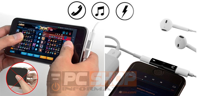 PCSHOP Informática Adaptador de iPhone para Fone e Carregador Lightning Duplo 