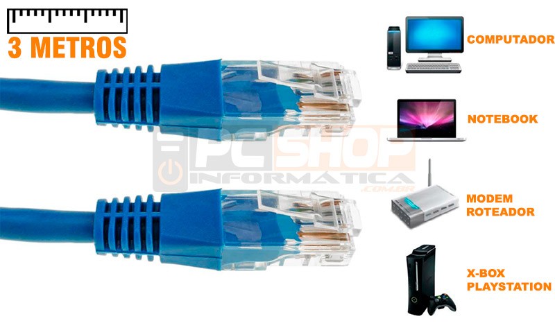 PCSHOP Informática Cabo de Rede 3 metros Azul de Internet CAT5e Patch Cord Rontek 