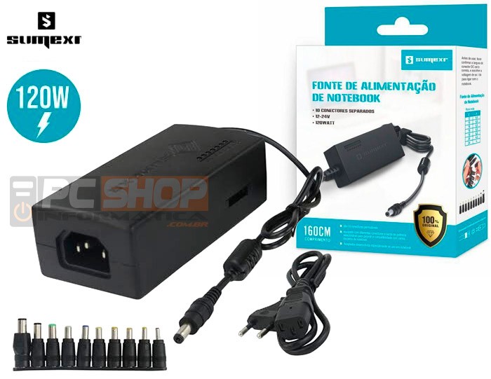 PCSHOP Informática Fonte Universal para Notebook 10 Conectores Biv 120W Sumexr SX-120  