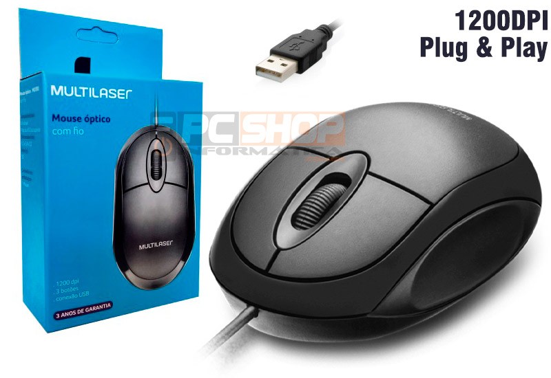 PCSHOP Informática Mouse USB Óptico Multilaser Com Fio Full Black 1200DPI MO300 