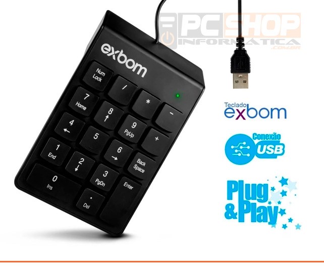PCSHOP Informática Teclado Numérico para Notebook/PC USB 2.0 18 Teclas Exbom BK-N30 