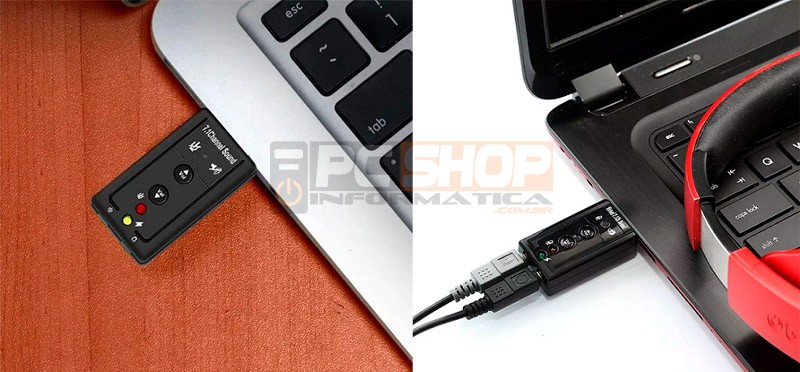PCSHOP Informática Placa de Som USB 7.1 Canais 3D para PC/Notebook Entrada P2 Fone e Microfone 
